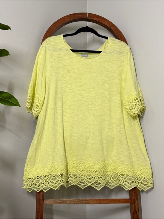Chico's Tops - Chico's XXL Yellow Geometric Lace Trim Cotton Modal Blouse Top